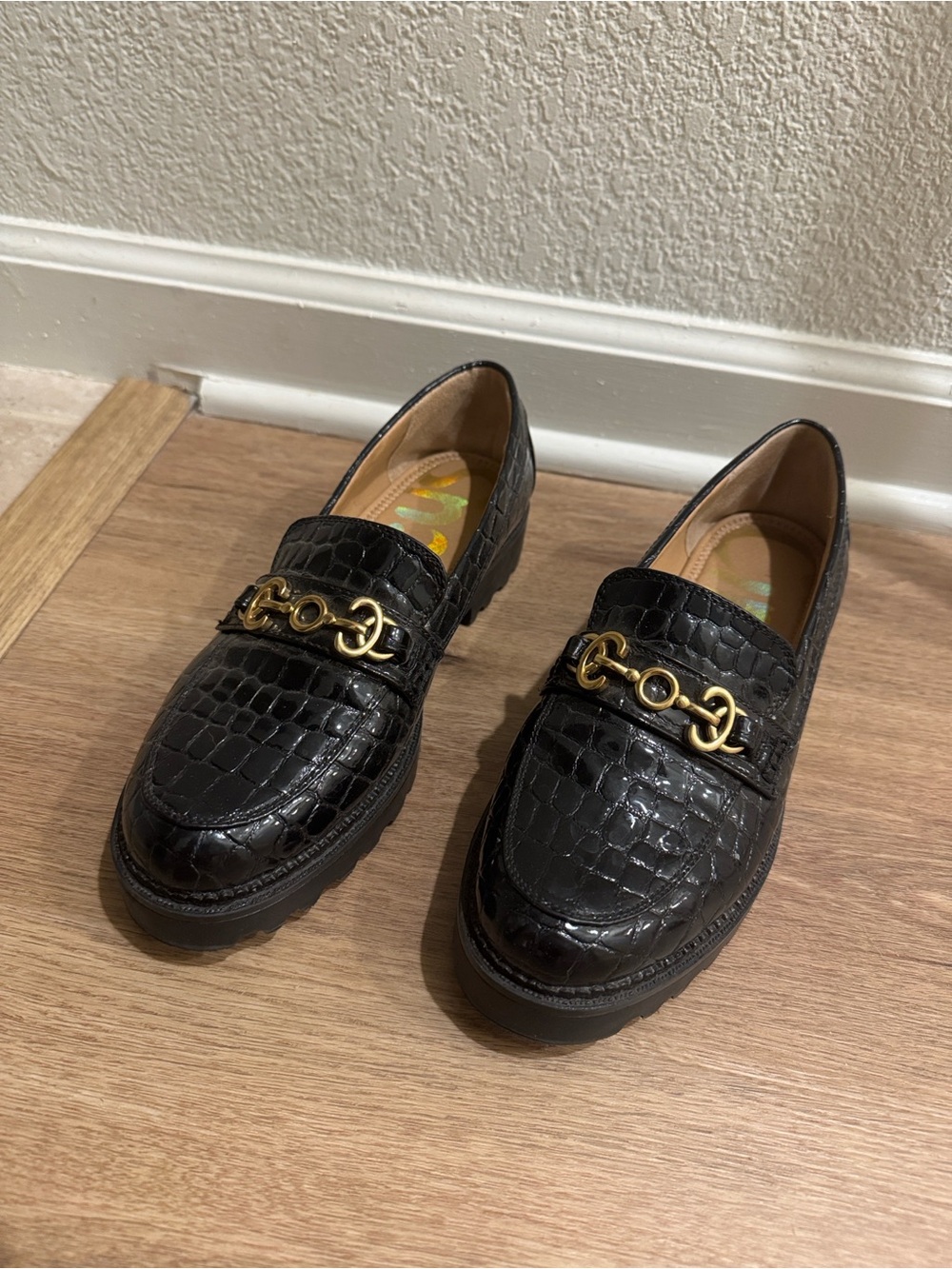 Sam Edelman Circus Black Croc-Effect Leather Loafers with Gold Chain Detail